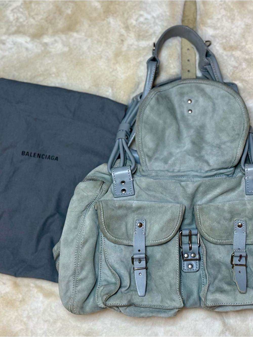 Balenciaga Pale Blue Suede Satchel with Buckle Details - Picture 11 of 13